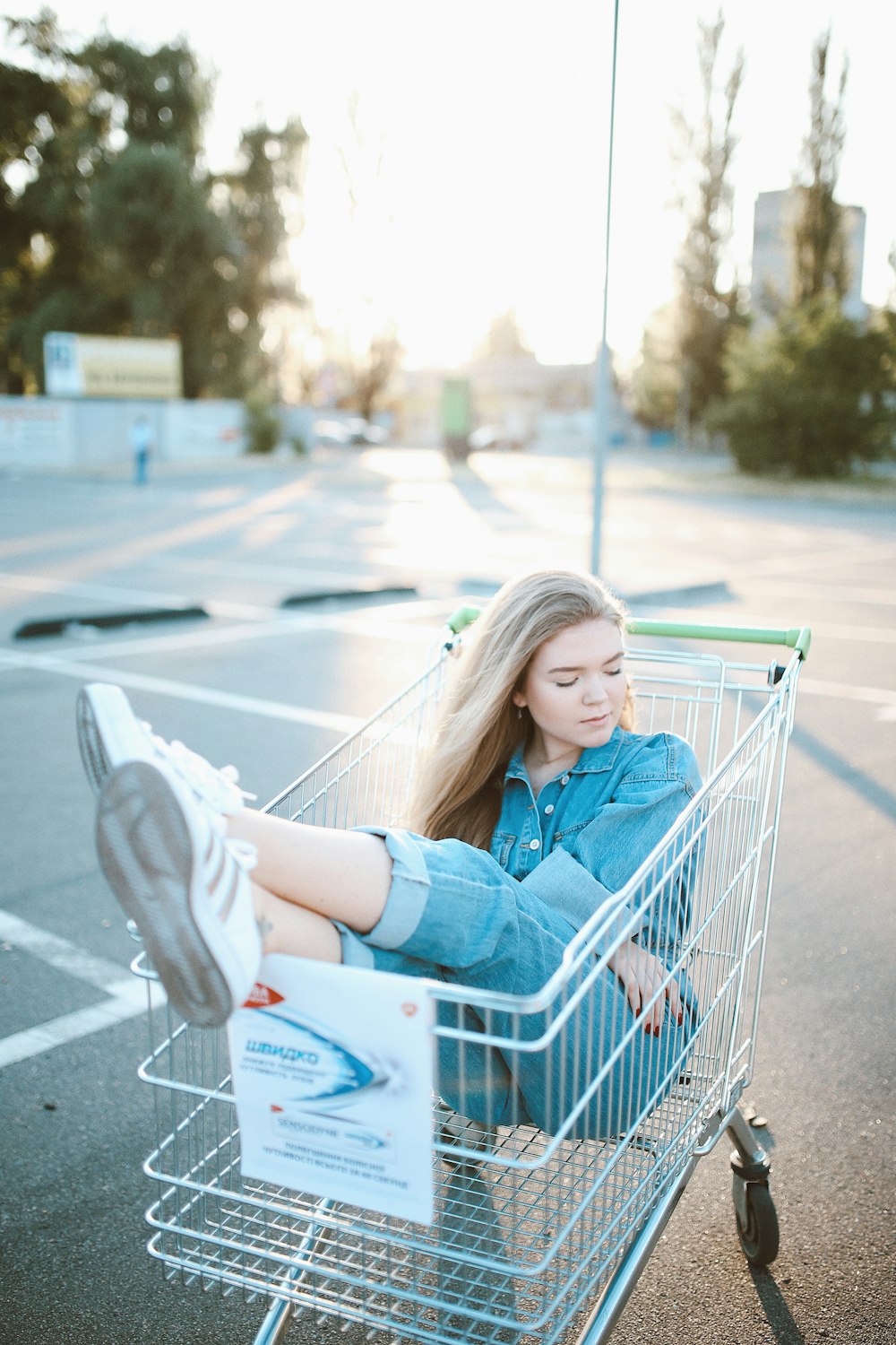 woman sitting in shopping cart