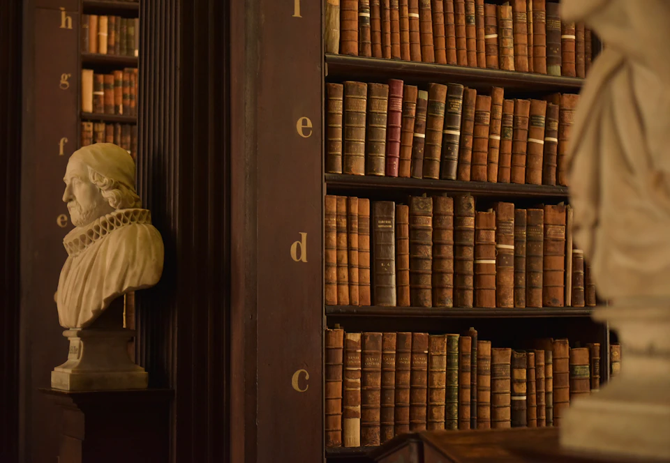 The image depicts a serene library scene, with a large bust of a man serving as the centerpiece on one side and an extensive collection of books arranged neatly on wooden shelves to the right. The books vary in size and color, creating a visually appealing display that invites exploration. In the background, there is a statue of a person, adding an artistic touch to the scene.