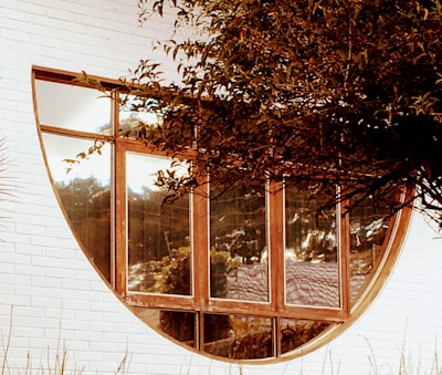A round window set within a white brick wall with reflective glass panes that mirror surrounding trees. The wooden frame of the window contrasts with the white bricks, and branches with green leaves partially cover the upper right portion of the window.