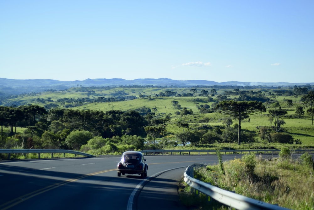 black Volkswagen Beetle coupe traveling on road during daytime