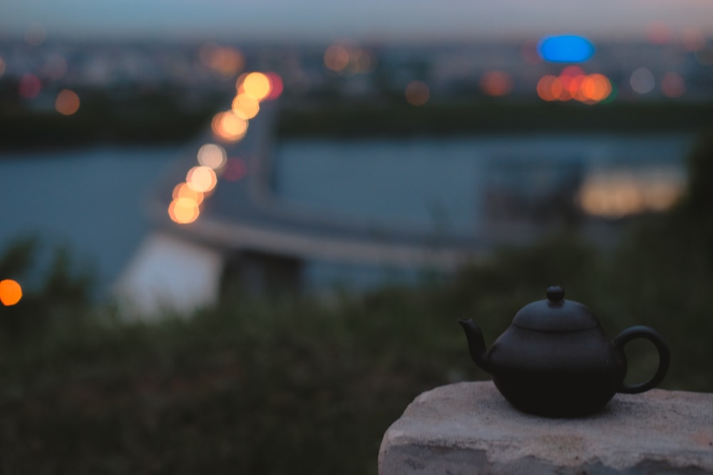 black teapot on rock