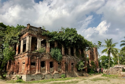An old, abandoned brick building is overtaken by dense greenery and trees, with vines and plants growing over and inside the structure. The sky is partly cloudy, and palm trees stand nearby, contributing to the scene of nature reclaiming the space.