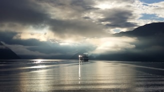A serene view of a modern ship navigating through calm waters under a clear sky.