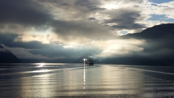 A serene view of a modern ship navigating through calm waters under a clear sky.