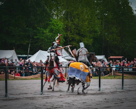 Groups of people divided into noble houses engaging in traditional skill games at a festive event.
