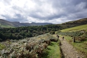 A snapshot of a scenic hiking trail with two figures walking side by side.