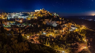 aerial view of lighted houses during night time