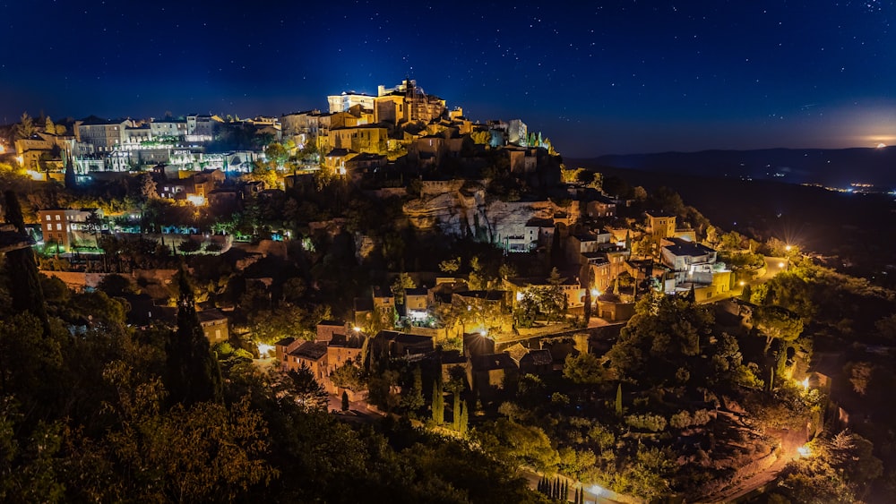 aerial view of lighted houses during night time