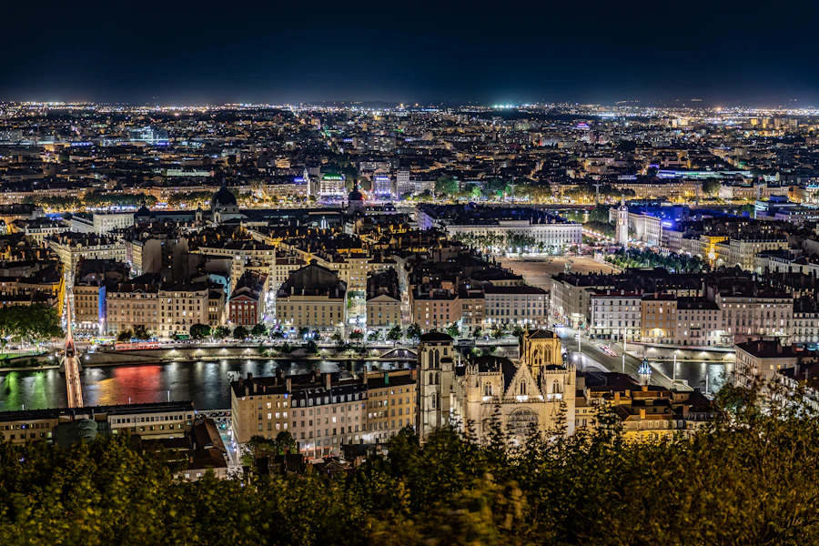 Lyon lit up at night from the hill of Fourvière