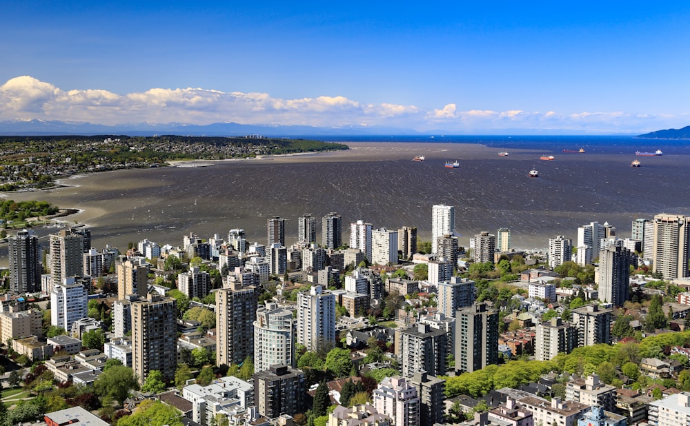 aerial photo of buildings facing ocean under blue sky