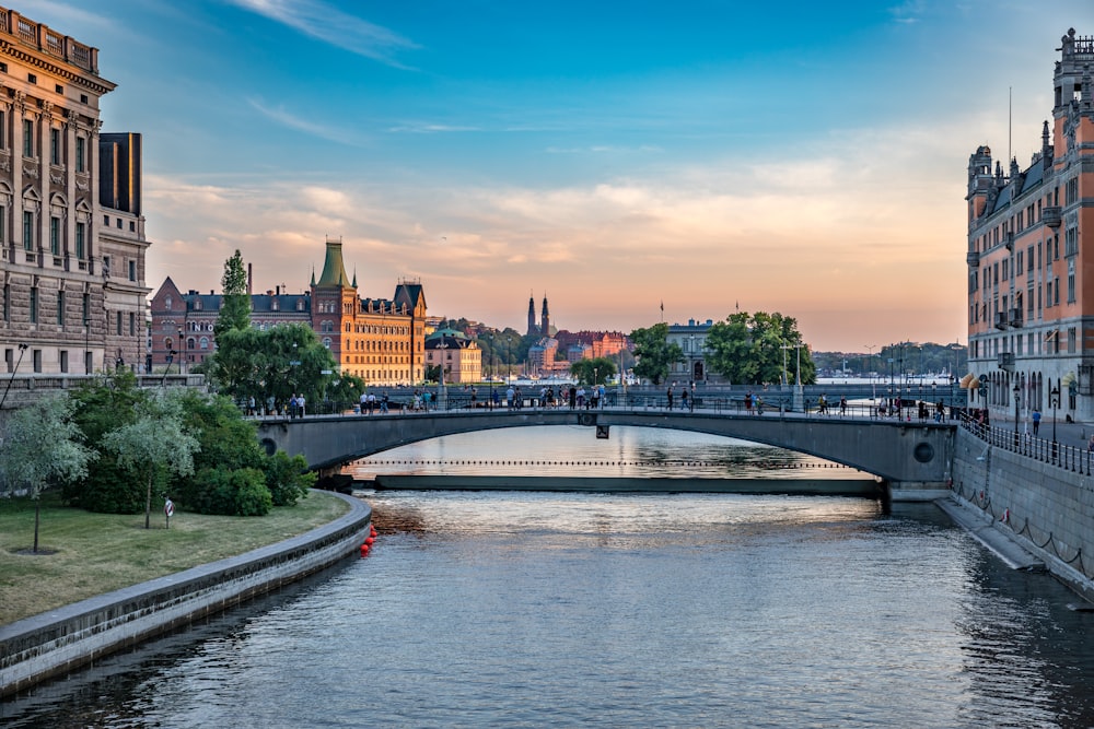 bridge over body of water between buildings under blue sky