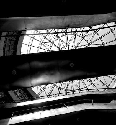 Architectural structure with an intricate, geometric design composed of metal beams and glass, resembling a dome or ceiling. The image is in black and white, highlighting the contrast between light and shadow.