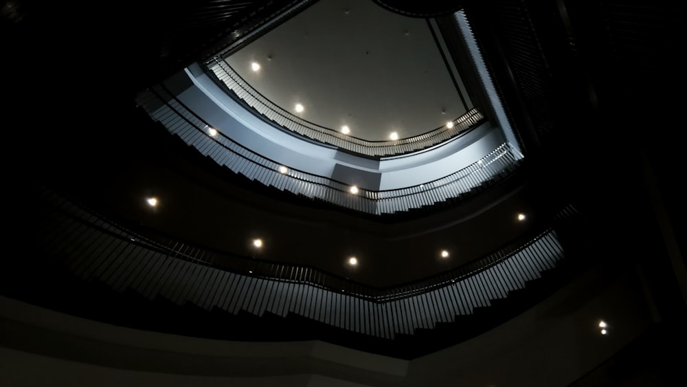 a view of the ceiling of a building at night