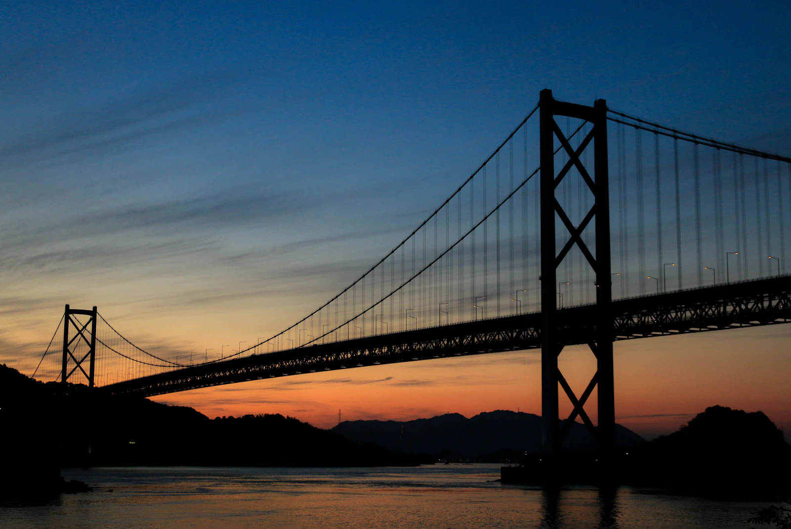 Suspension bridge on the Shimanami Kaido route at sunset