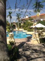 A luxurious outdoor scene features a swimming pool surrounded by lush tropical plants and tall palm trees. The pool area is adjacent to a grand, Mediterranean-style villa with terracotta roof tiles and light-colored walls. White umbrellas and patio furniture are placed around the pool, providing shaded seating areas. The shadow of a nearby tree is visible on the pathway leading to the pool.