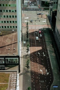Aerial view of an urban street intersection with several lanes and marked arrows for traffic direction. Tall buildings flank the street, casting long shadows on the road. Few cars are visible on the road and crossing the intersection. Trees line the pedestrian sidewalk, and there is a traffic light clearly visible.