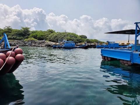Several blue-painted barges are floating in a calm body of water with clear reflections visible on the surface. The background features a line of dense green vegetation and a rocky shoreline under a sky filled with fluffy white clouds. Large red buoys are attached to the barges.