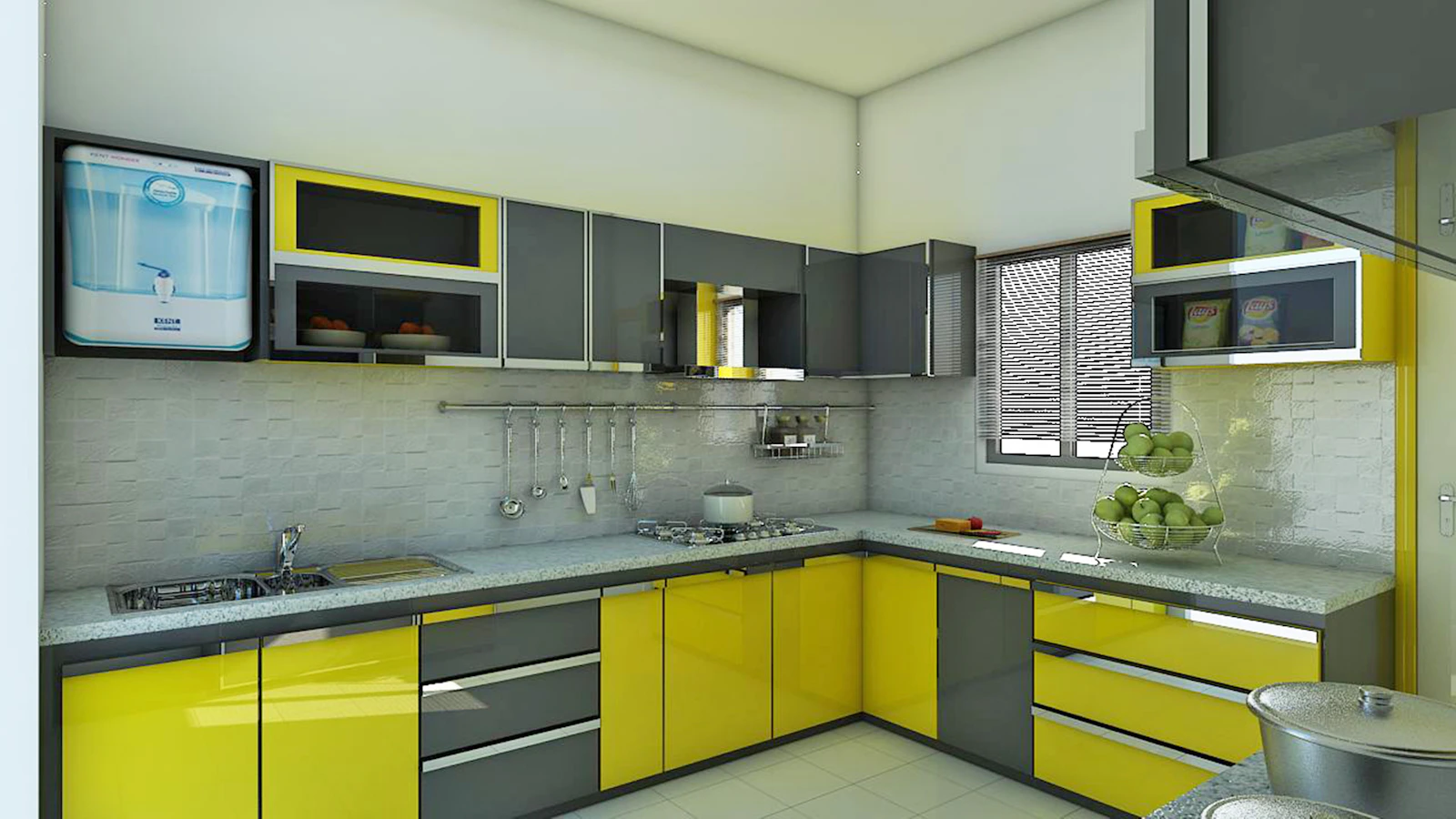 Modern kitchen with yellow and grey cabinetry, clean worktops and restrained contemporary styling