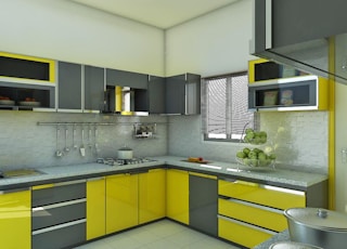 gray-and-yellow kitchen cabinets
