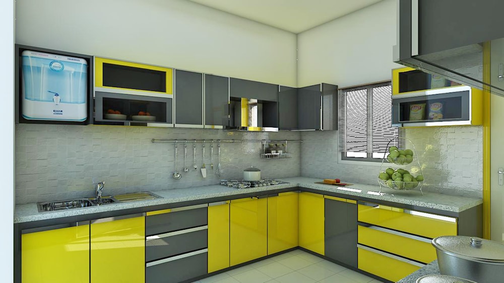 Gabinetes de cocina grises y amarillos