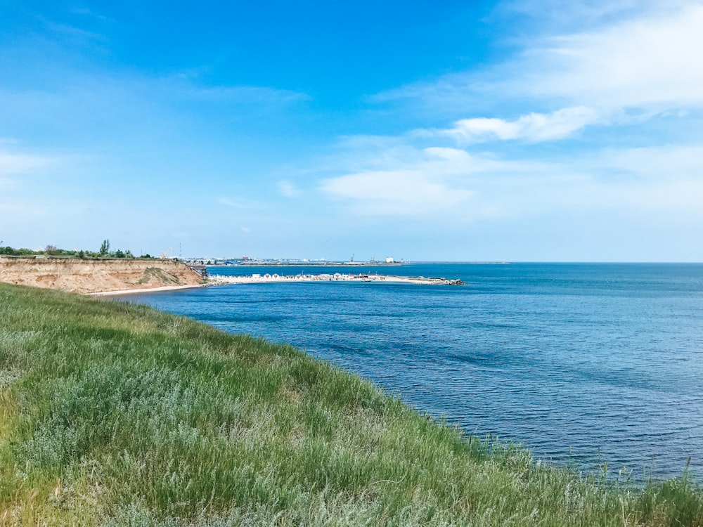 grüner, grasbewachsener Strand