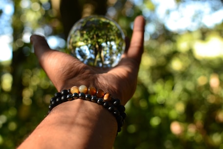 A hand wearing beaded bracelets is extended with the palm facing up, holding a clear glass orb that reflects the surrounding lush green foliage. The background is a forest with sunlight filtering through the leaves, creating a serene and natural environment.