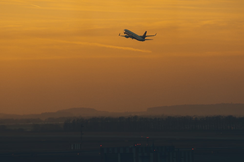 gray plane during sunset