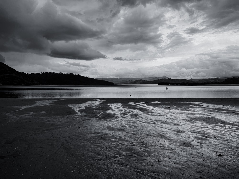 grayscale photography of body of water