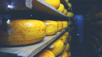 A storage room filled with large wheels of cheese stacked on wooden shelves. The cheese has a yellowish hue with specks of spices on the surface, suggesting a flavored variety. The environment appears dimly lit, creating a cool and calm atmosphere.