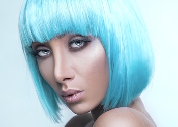 woman wearing blu wig