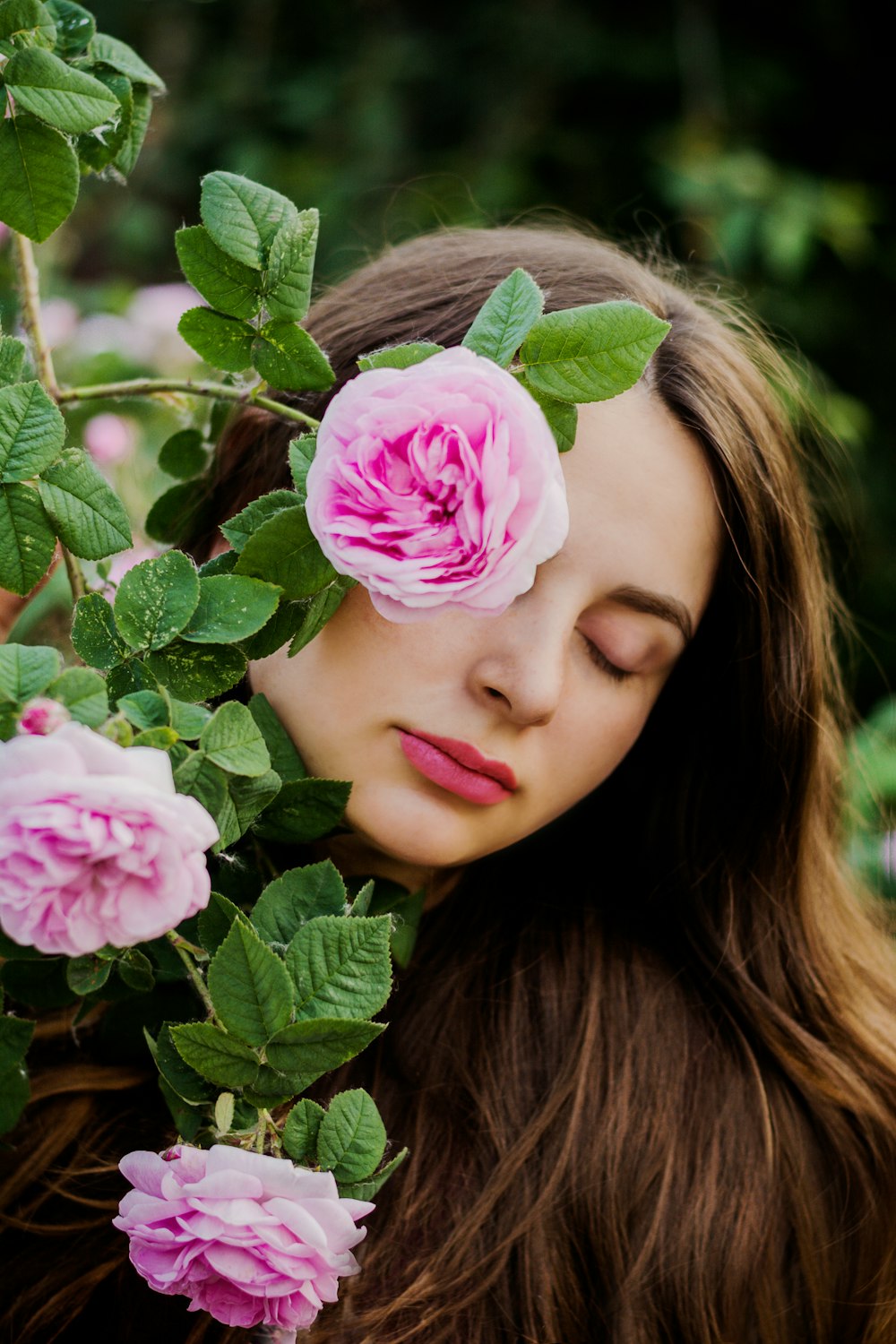 woman hiding behind pink petaled flower during daytime