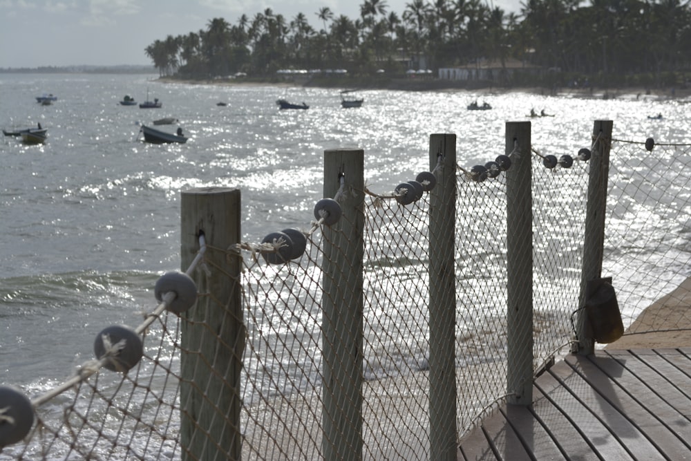 brown and gray fence beside body of water