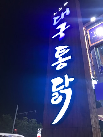 A vertical wooden sign with bright white Korean characters illuminated against a dark night sky. Below the sign, there is visible foliage and part of a building with glowing lights.