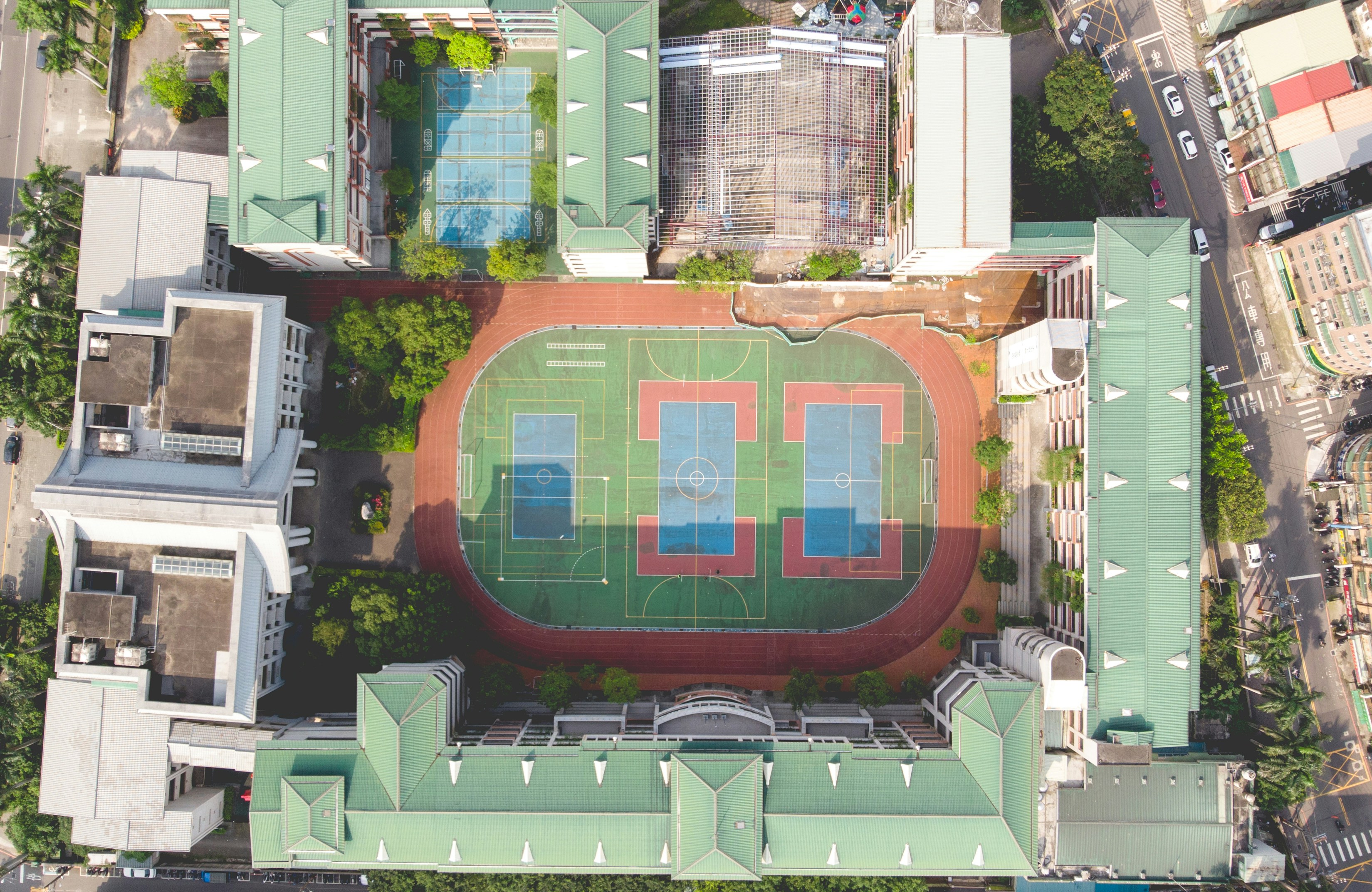 Aerial view of a football field in a school playground