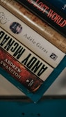 A stack of hardcover books resting on a teal-colored surface. The visible titles include 'The Lost World' by T.G.H. James, a book by Adèle Geras, and 'Andy McNab' by Andrew Swanston. The spines display a range of colors from red to beige.