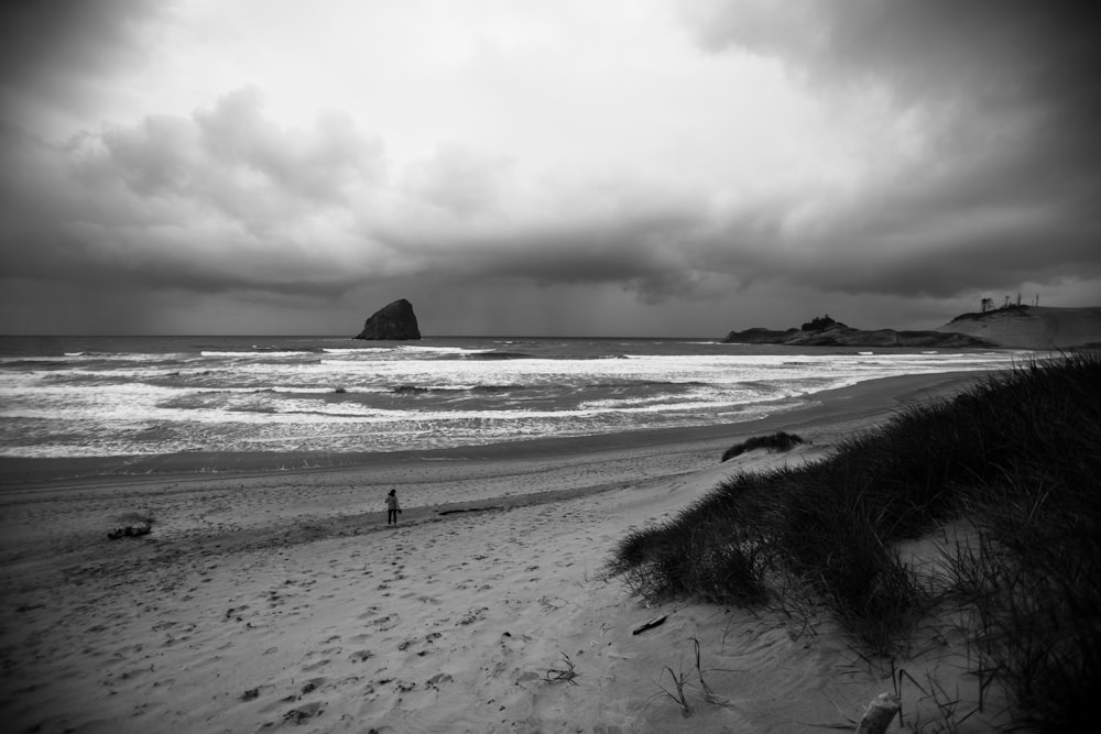 grayscale photo of person on shore