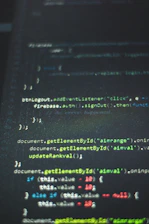 Glowing neon green terminal interface with scrolling code on a dark background.