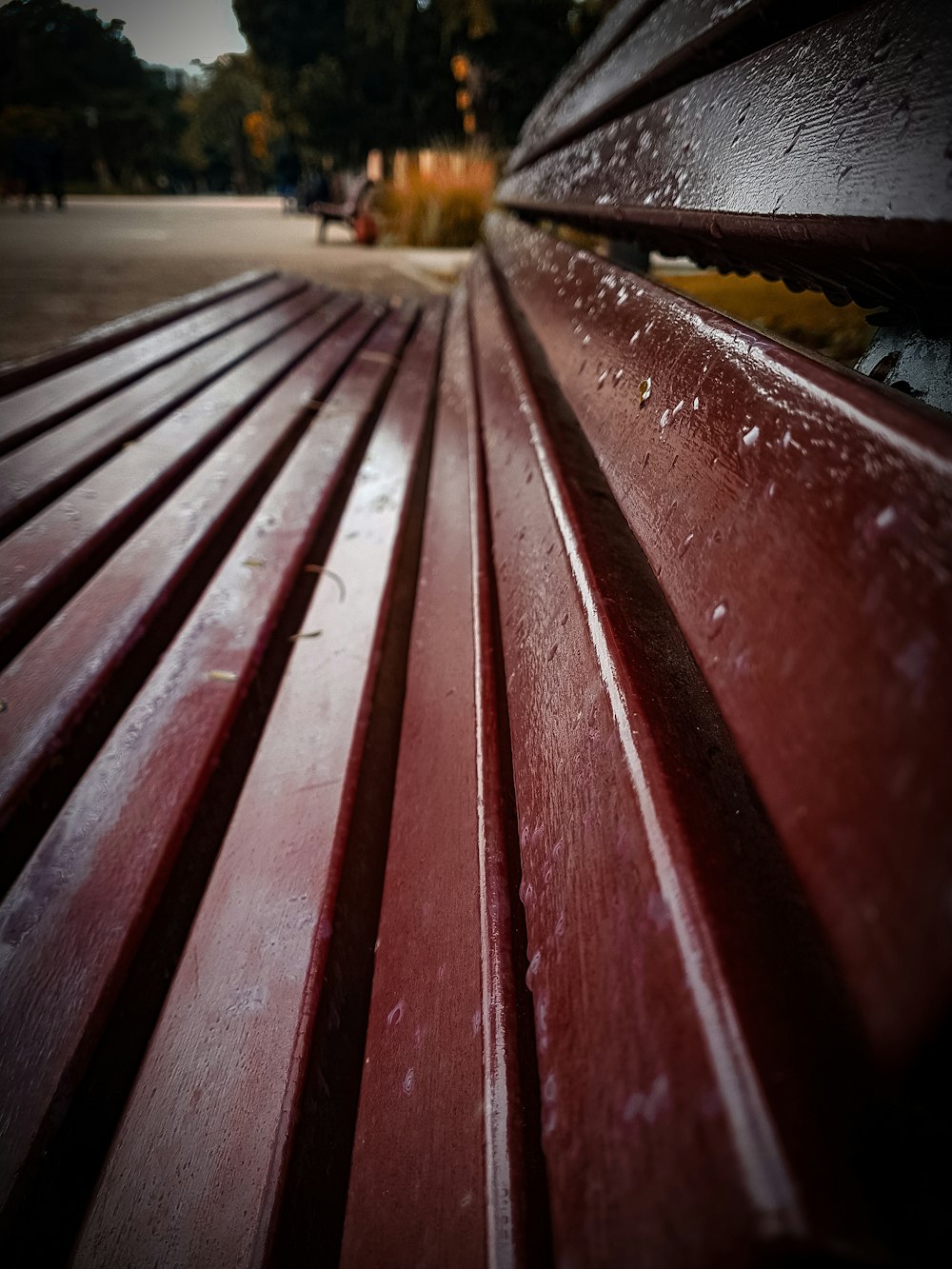 close-up photography of brown wooden bench
