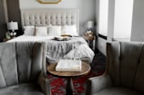 Stylish bedroom featuring a comfortable bed and accessories.