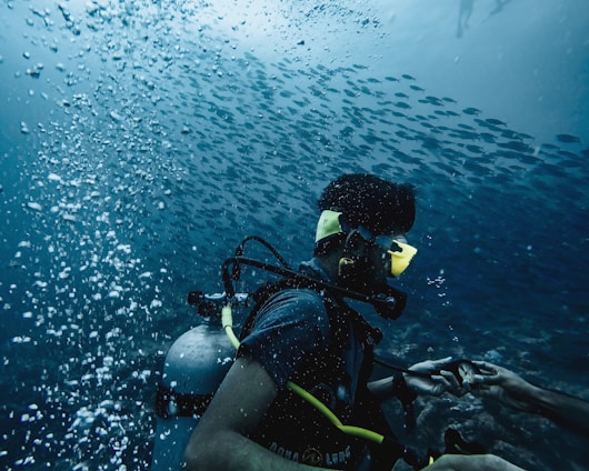 A scuba diver equipped with a diving mask, breathing apparatus, and oxygen tank is underwater, surrounded by a school of small fish. Bubbles are visible surrounding the diver, with a hand passing an object to the diver, suggesting a scene of interaction or assistance.