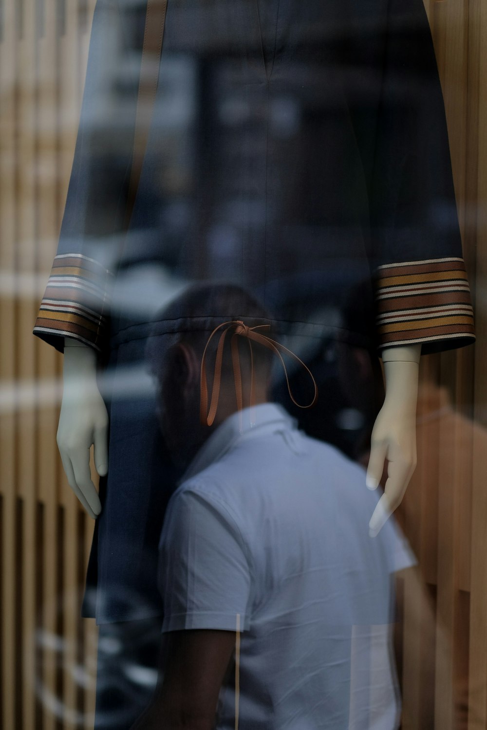 blue and brown long-sleeved dress