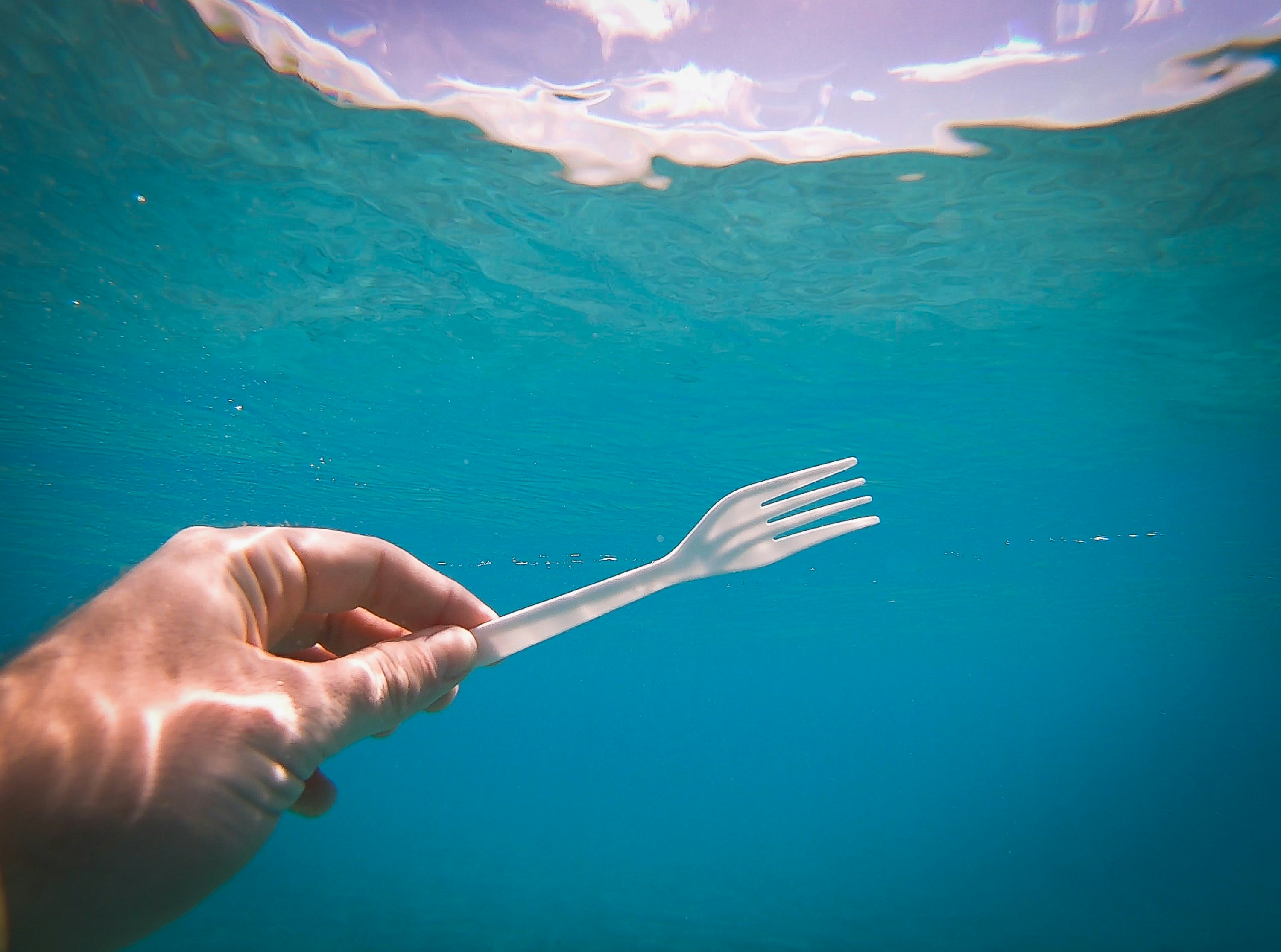 Under-water photo of a hand holding a plastic fork