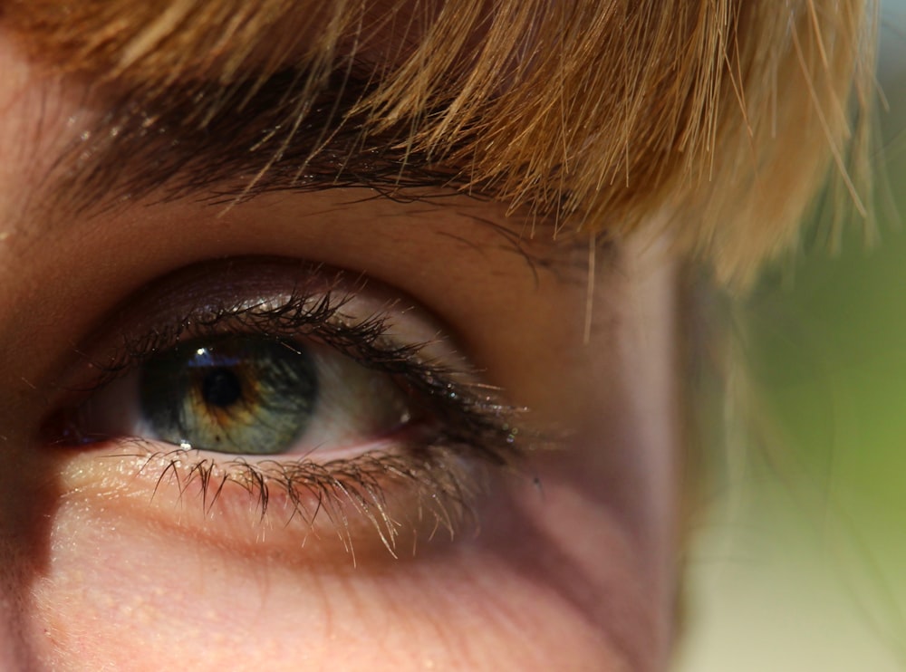 closeup photography of human eye