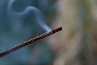 A burning incense stick with a thin trail of smoke rising against a blurred, natural background.