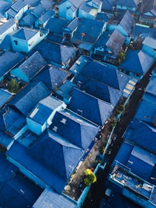 aerial photography of blue-roofed houses during daytime