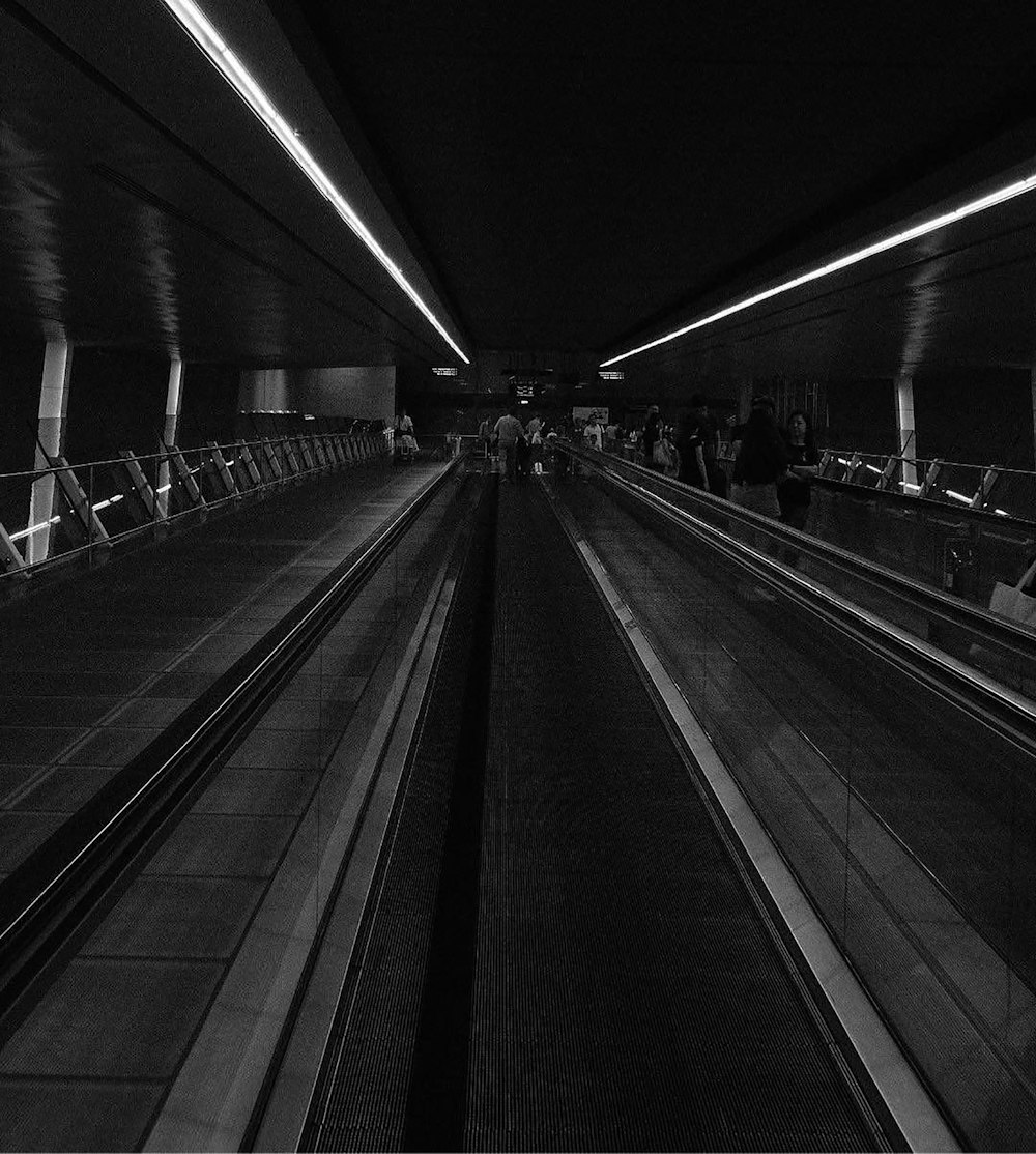 people riding escalator going down