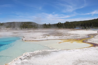 A geothermal scene featuring a vibrant hot spring with clear blue water and mineral deposits. Rising steam indicates hot temperatures, while the perimeter displays an array of colors from yellow to brown, blending into the white mineral crust. Beyond the spring, evergreen trees and a blue sky complete the landscape.