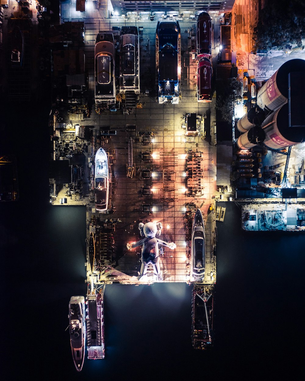 an aerial view of a city at night