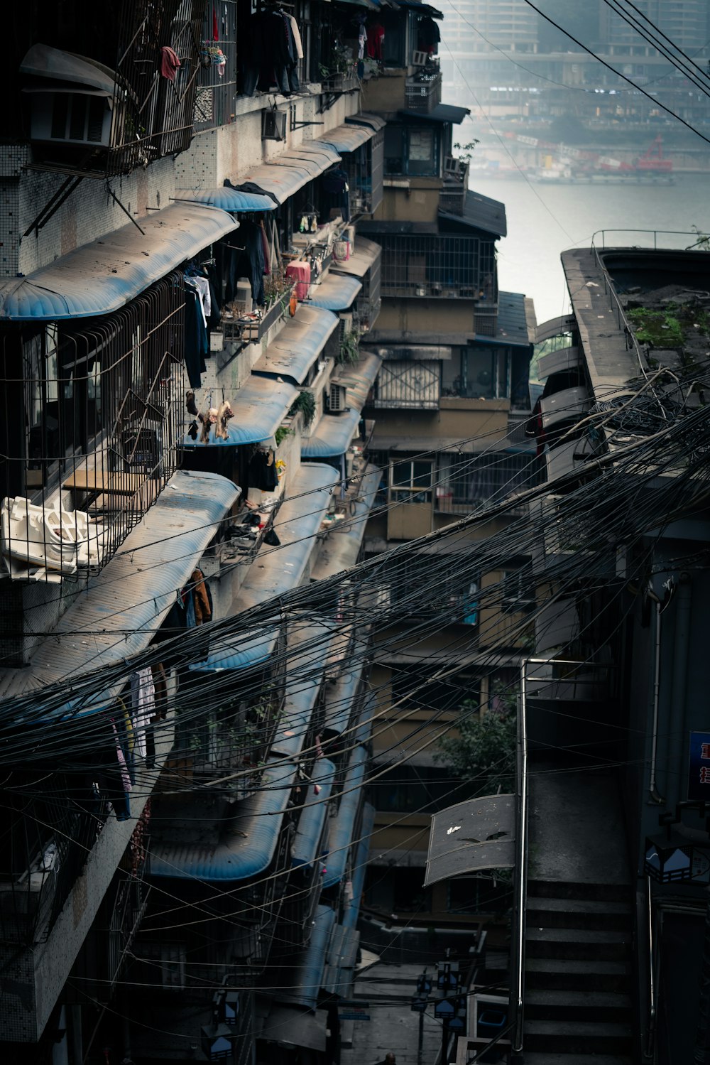 black cables between buildings