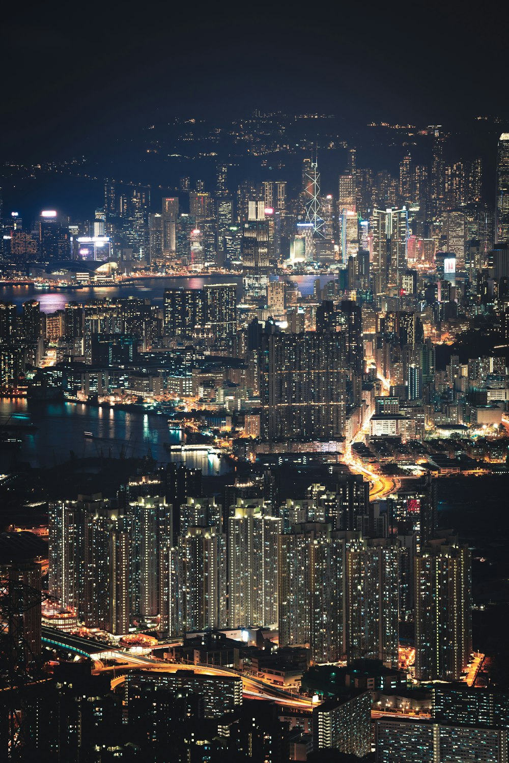 view of lighted buildings at night